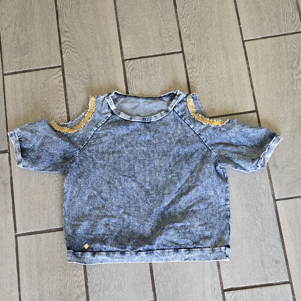 Sigrid Olsen Sport Cold‎ Shoulder Denim-Look Top Women’s Large